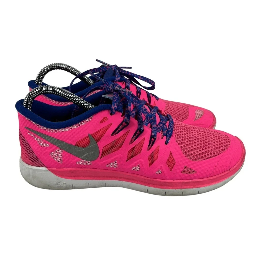 Nike Free 5.0 GS Youth Girls Running Shoes 7Y Hyper Pink Blue 644446-601 Used